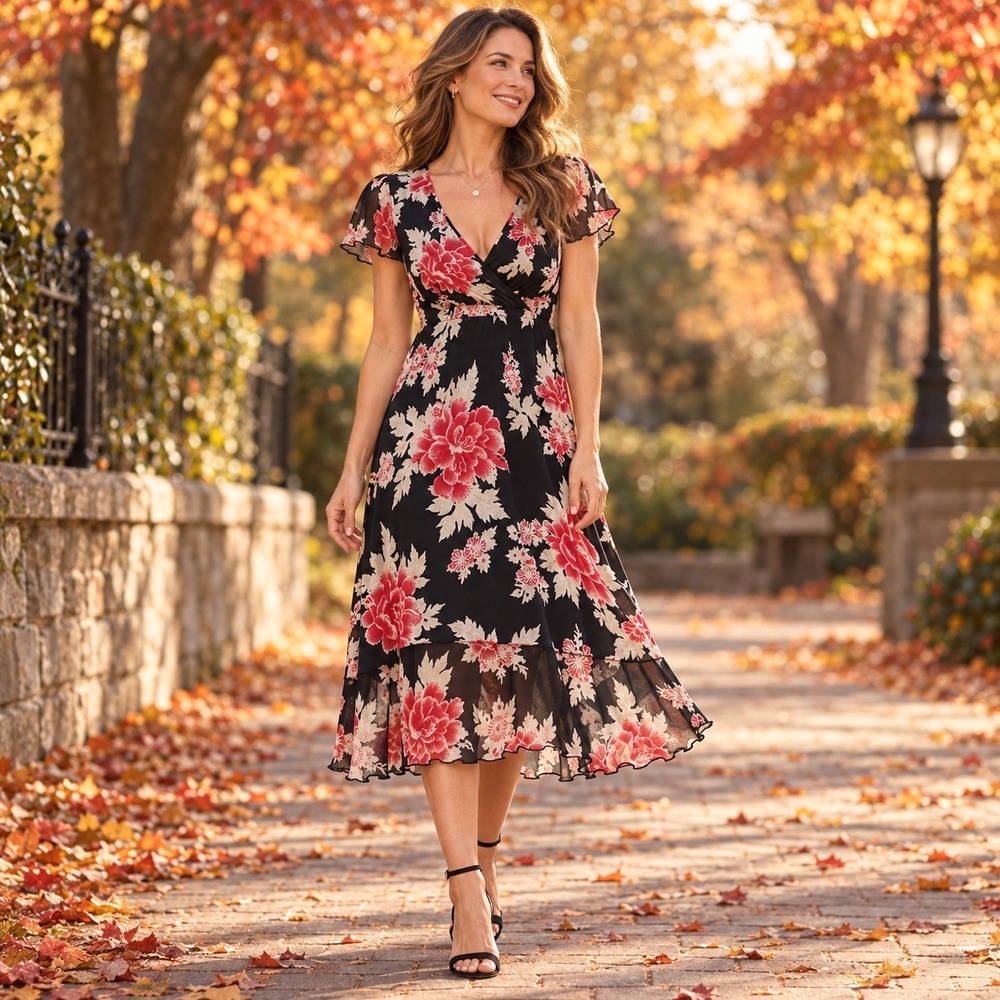 Vintage Y2K Floral Chiffon Midi Dress Flutter Sleeve Lettuce Hem Romantic Goth